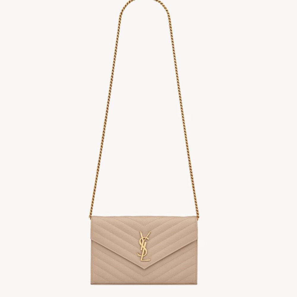 Saint Laurent YSL Cassandre Chain Wallet in Grain de Poudre Leather Dark Beige